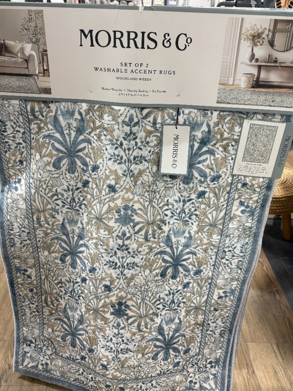 2pc Morris & Co Woodland Blue 2'x5' & 24"x36" No Slip Back Washable Rugs Set